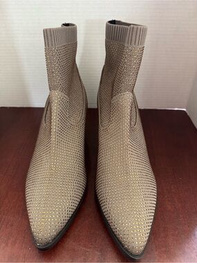 Women's Taupe Knit Sock Booties with bronze/Gold embellishment Detail